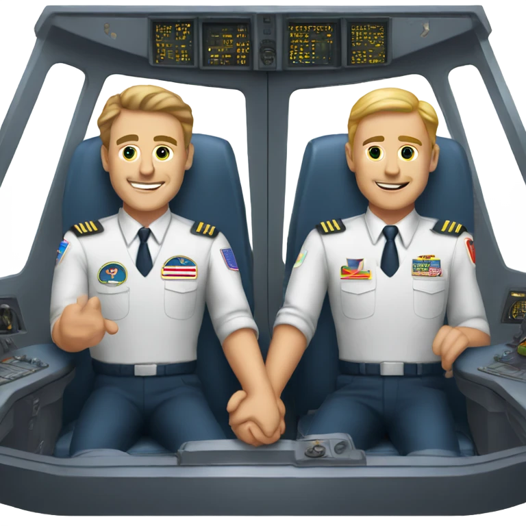 Two white male gay pilots holding hands in cockpit emoji