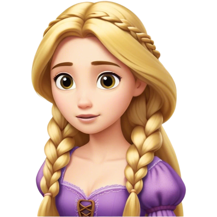 Cinematic Realistic Rapunzel Portrait, with porcelain-like skin featuring a subtle, natural glow, illuminated by soft lighting that brings out the gentle contours of her face. Her long, golden blonde hair cascades in detailed waves, each strand highlighted with a radiant shimmer as it catches the light. Her bright, expressive green eyes exude curiosity and warmth, framed by delicate lashes and soft, arched brows. Her expression is playful and vibrant, with a gentle smile. She is dressed in her classic lavender and pink gown, the fabric textured with delicate folds that flow naturally, catching the light with a soft, radiant glow. The portrait captures a luminous, enchanting aura, seamlessly blending realism with a whimsical, fairytale charm, evoking a timeless sense of beauty and magic. emoji