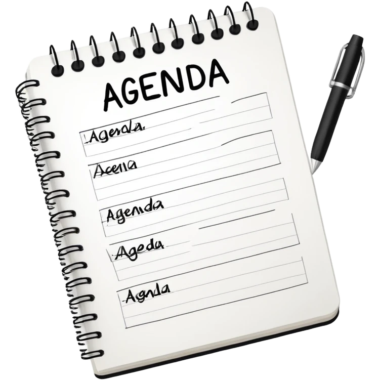 A notebook with 'AGENDA' written on top and meeting items listed below with bullet points emoji