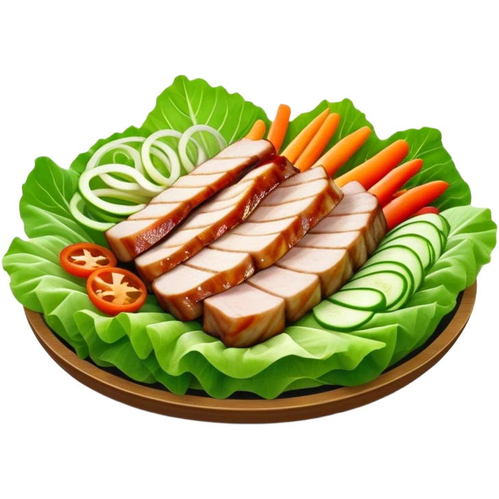 Samgyeopsal Cinematic Realistic Samgyeopsal Dish Emoji, depicted as slices of grilled pork belly served in crisp lettuce leaves with assorted fresh vegetables, rendered with dynamic textures and appetizing, natural lighting. emoji
