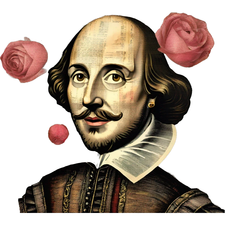 Shakespeare made of newspaper cuttings handwriting 420 hemp roses flowers plants leaves dragonfly mulberries Italy emoji