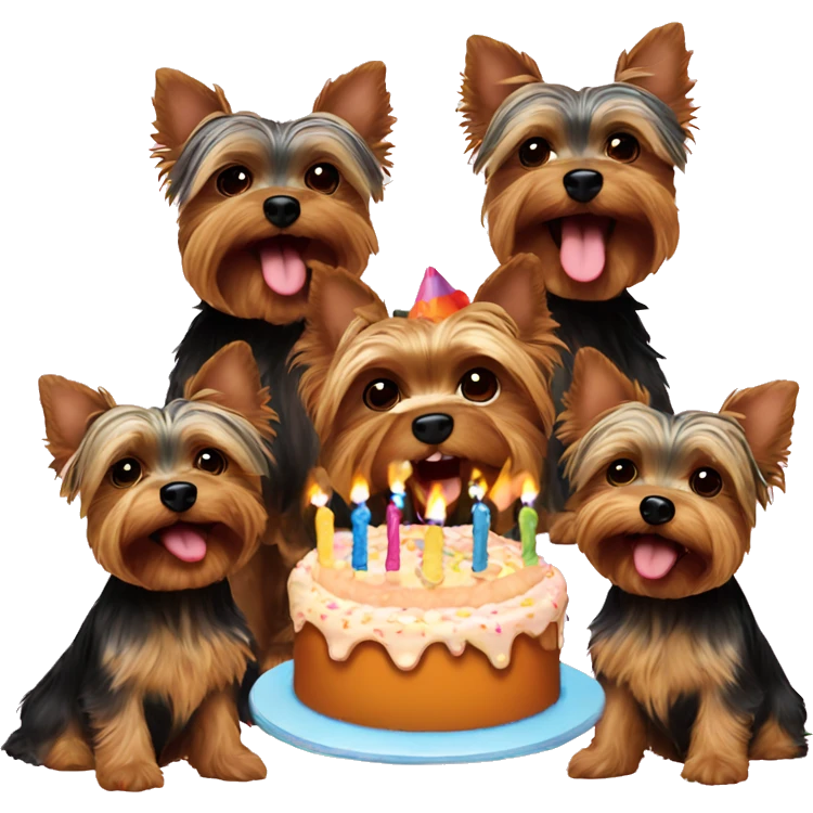 Five yorkies singing happy birthday with cake emoji