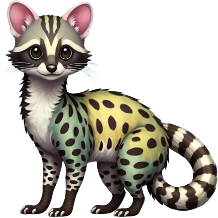 Feral Rare Fantasy iridescent scaly shaded detailed vibrant colorful Genet-Trico-Civet-Cacomistle-Margay-species by LiLaiRa, with dark-blackish points, white belly, random markings, tufted tail, tufted ears, full body emoji
