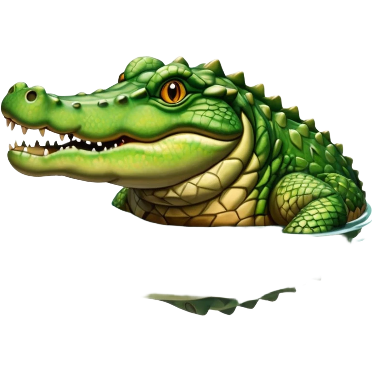 A large crocodile resting on a riverbank, part of its body in water, realistic scales and reflections, natural sunlight. emoji