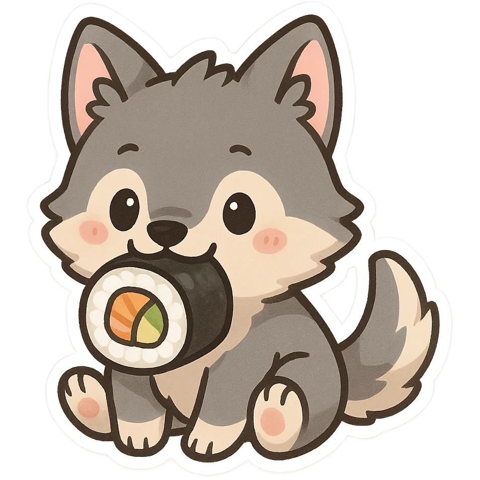 cute chibi wolf holding a sushi roll in its mouth emoji