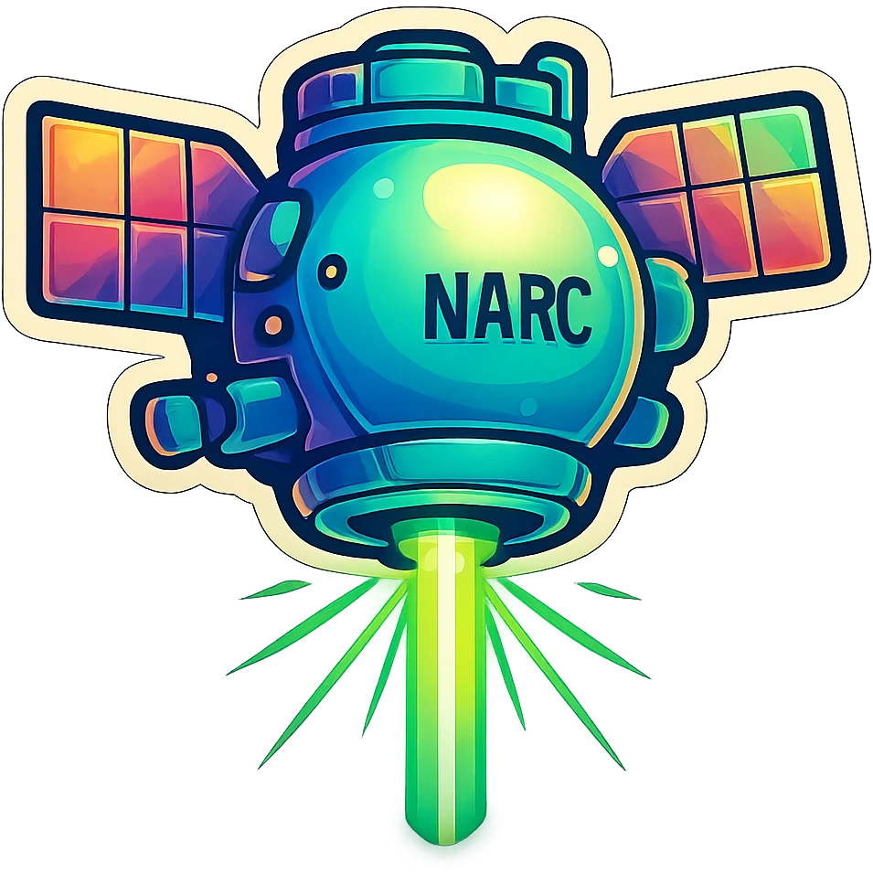 Tactical satellite in retro stickers style, with solar panels extended and a green scanning beam, bold outlines, and vibrant colors. emoji