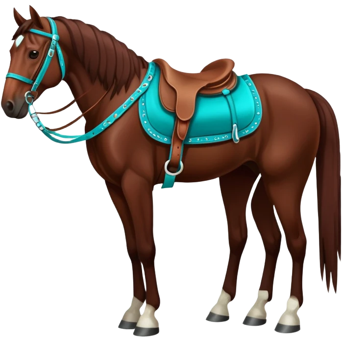 Dark chestnut horse with turquoise western tack full body standing still emoji