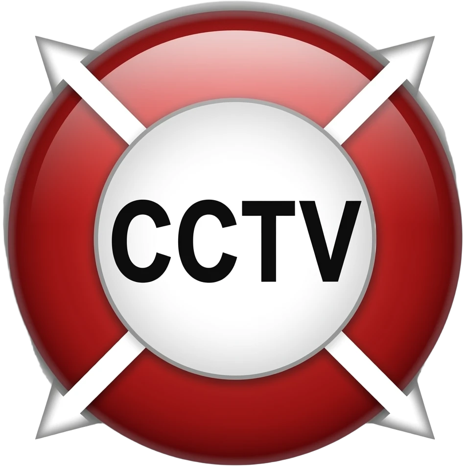 Red filled circle with white X and arrow on all end points on the X white circle in the middle. Big bold CCTV word in the centre in black emoji