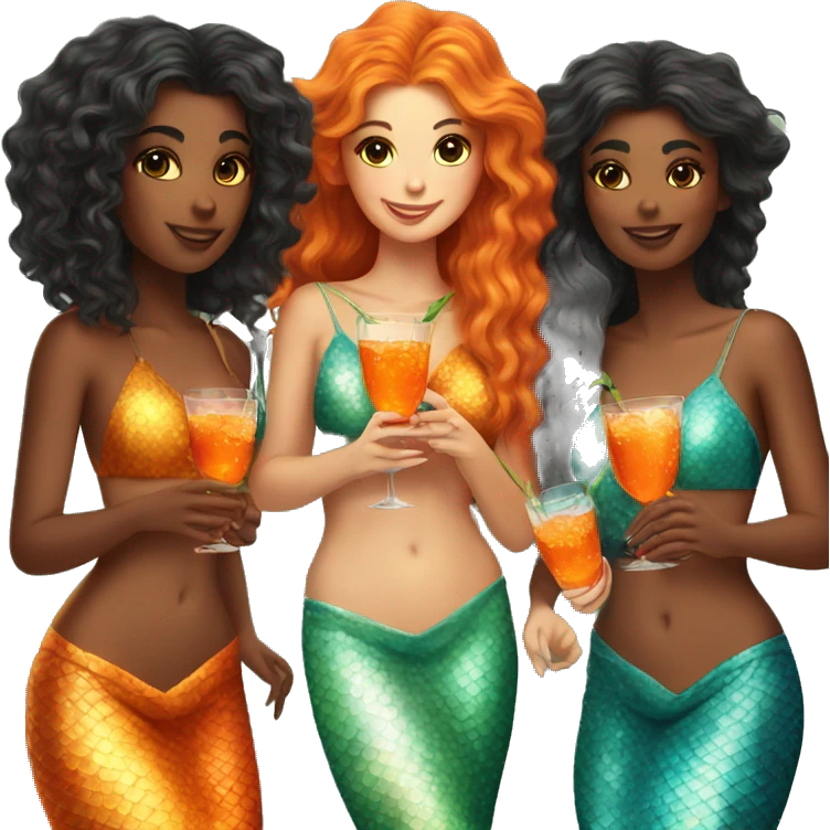 Three beautiful bright skin mermaids drinking aperol emoji