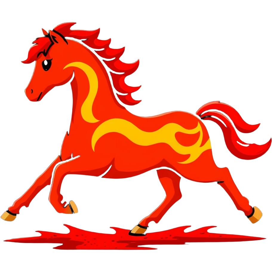 A red galloping horse composed entirely of fiery embers, magma flowing through its body, visible lava veins, flames burning along its mane and tail, with ash particles floating around it emoji