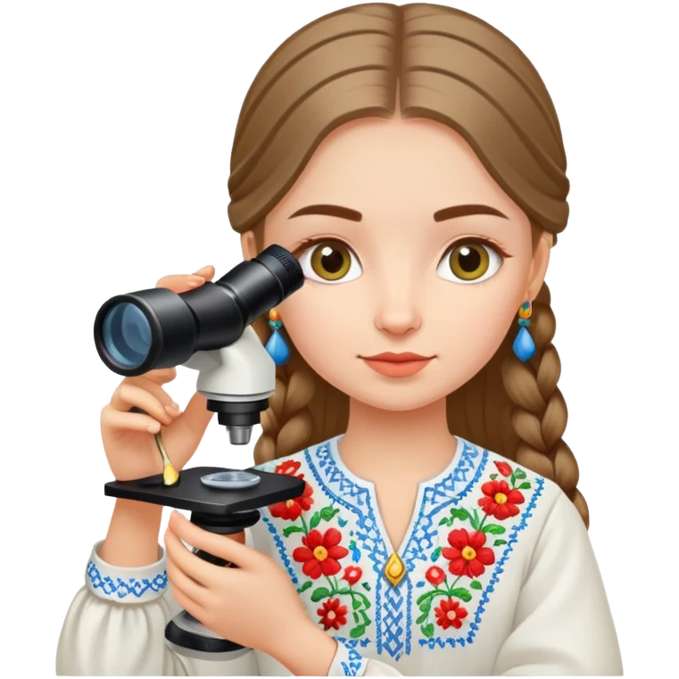 Ukrainian girl in traditional embroidered vyshyvanka shirt holding a microscope emoji