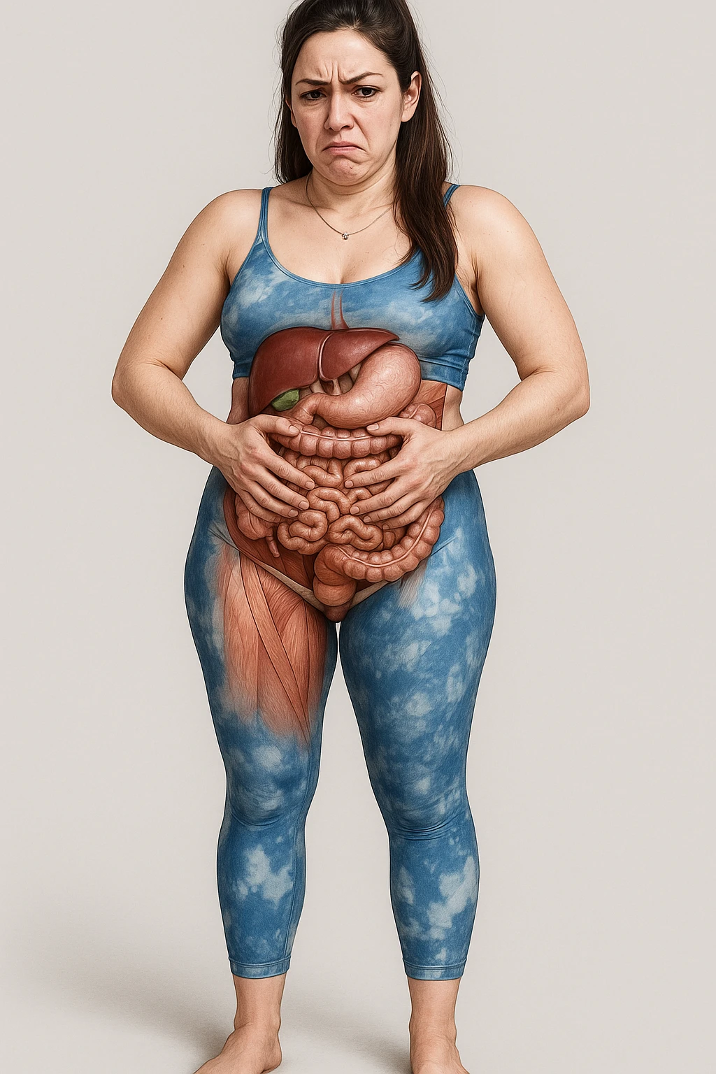 Realistic anatomical illustration of a woman in sportswear inspired by the reference photo, holding her bloated belly with both hands. Highlight abdominal organs and involved muscles, expression of annoyance, neutral background. emoji
