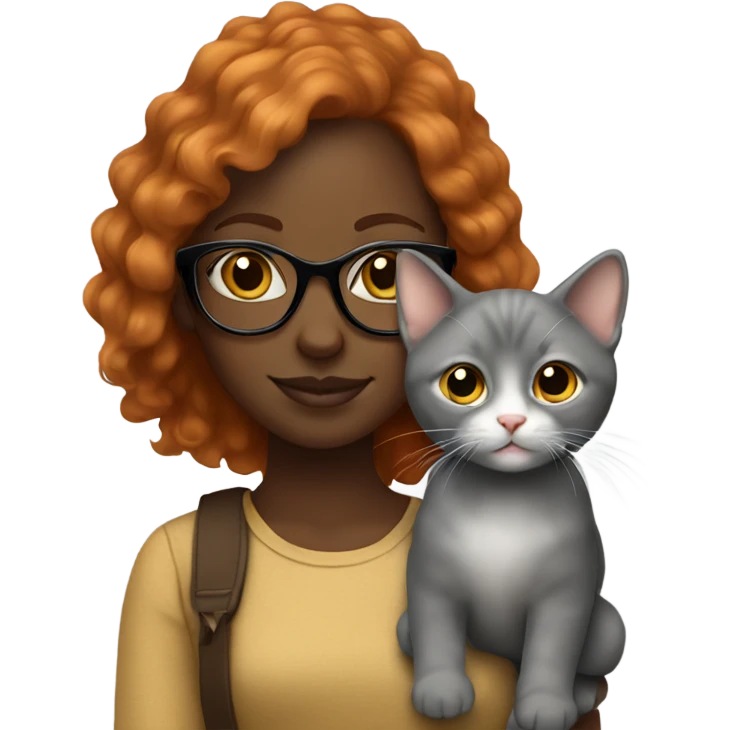 Black girl holding a grey kitten. The girl has ginger hair and wears glasses emoji