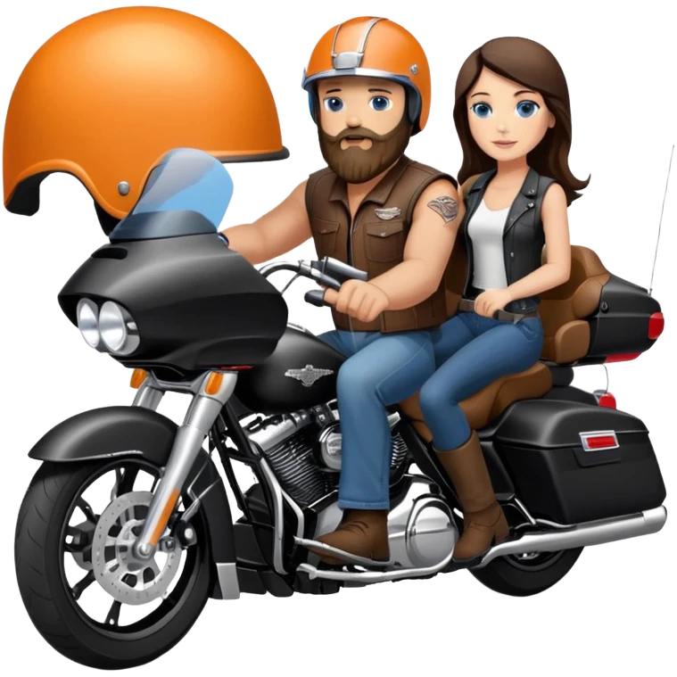 Harley Davidson road glide bearded bald blue eyes man  with brunette girl  pillion emoji