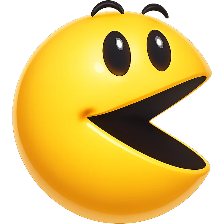 Redraw the Pac-Man character in the emoji style with smooth shading, glossy highlights, and a 3D look. Keep the playful open mouth and yellow color. Transparent background. emoji