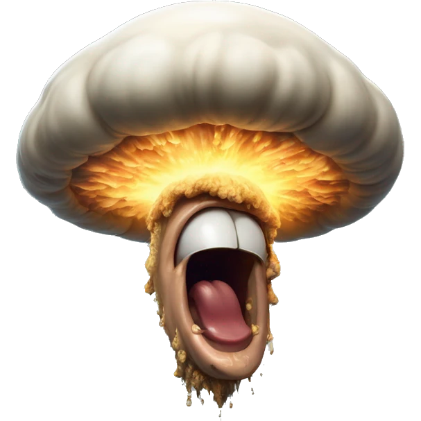 Laughing nuclear mushroom cloud in Uncle Scrooge style, oil paint, mysterious eyes, intricate lips, masterpiece pose, odd perspective, beautiful, desirable, logical emoji