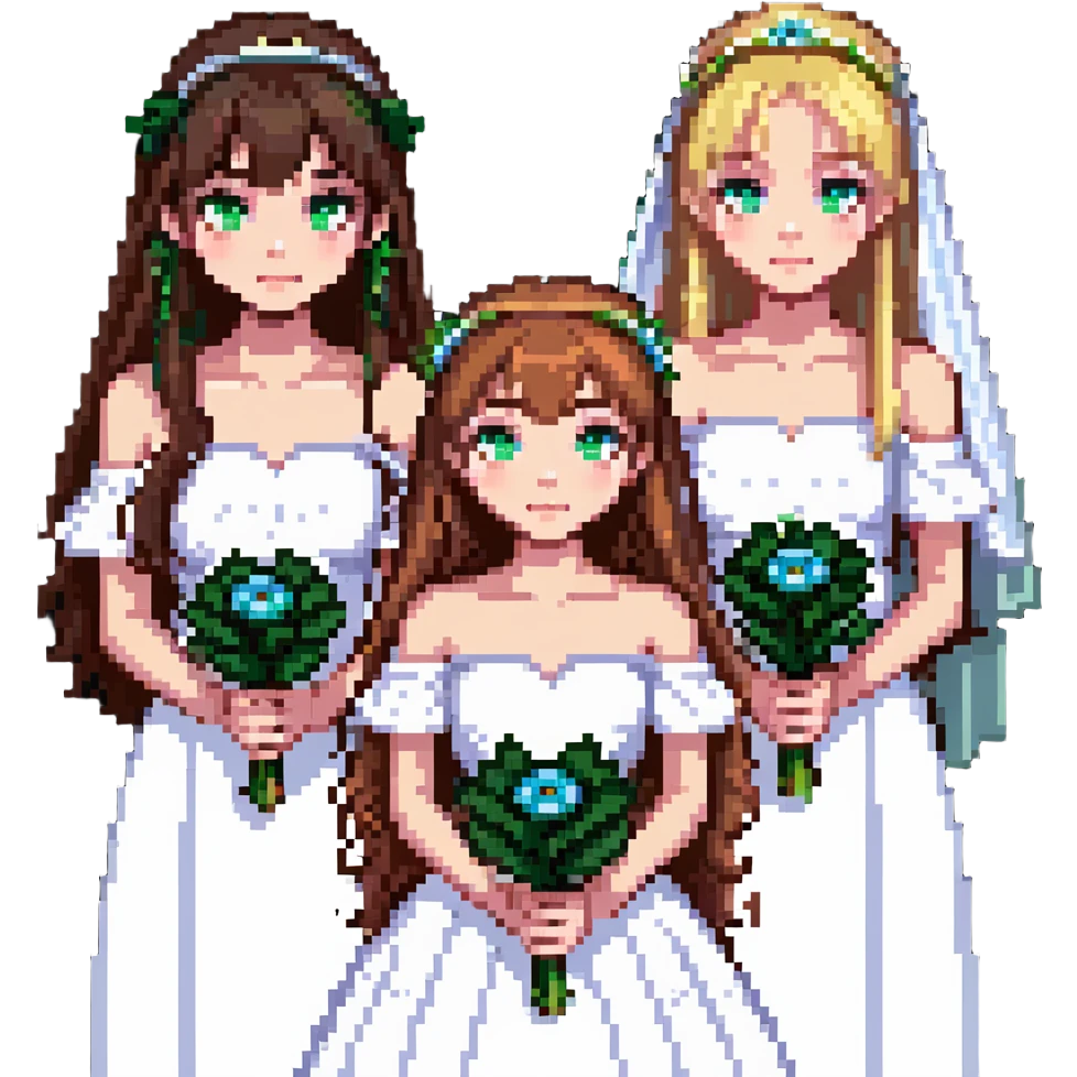 bachelorette party group of 4 girls, one with brown hair, blue eyes, fringe; two with brown hair; one bride with green eyes, blonde shoulder-length hair emoji