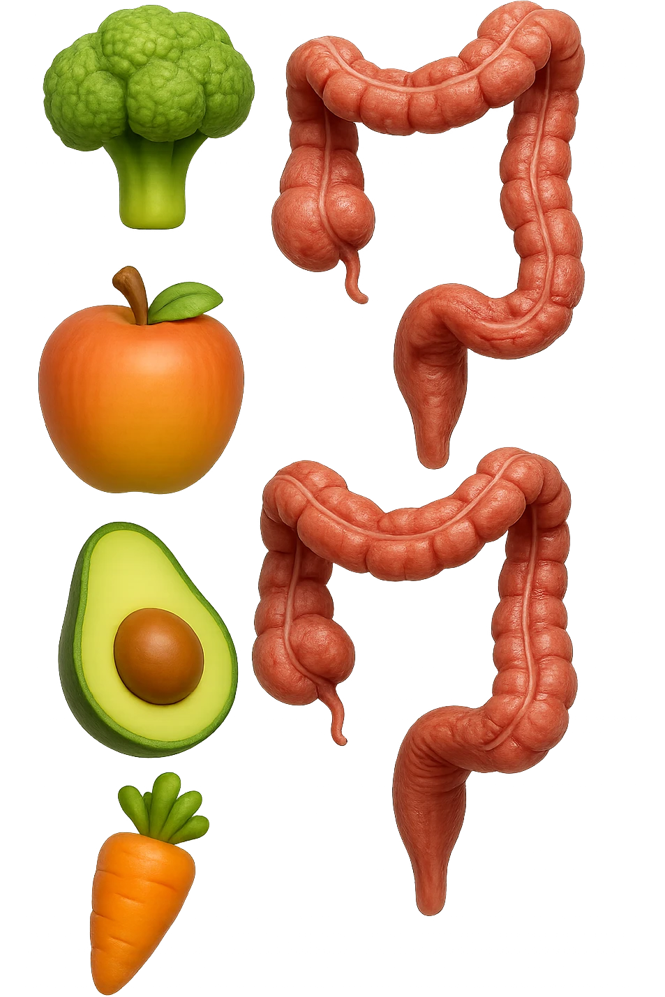 emoji stile iphone in 3d di cibo sano che fluttua in aria vericalmente insieme a pezzi di colon umano anatomico, iperrealistico 4k emoji