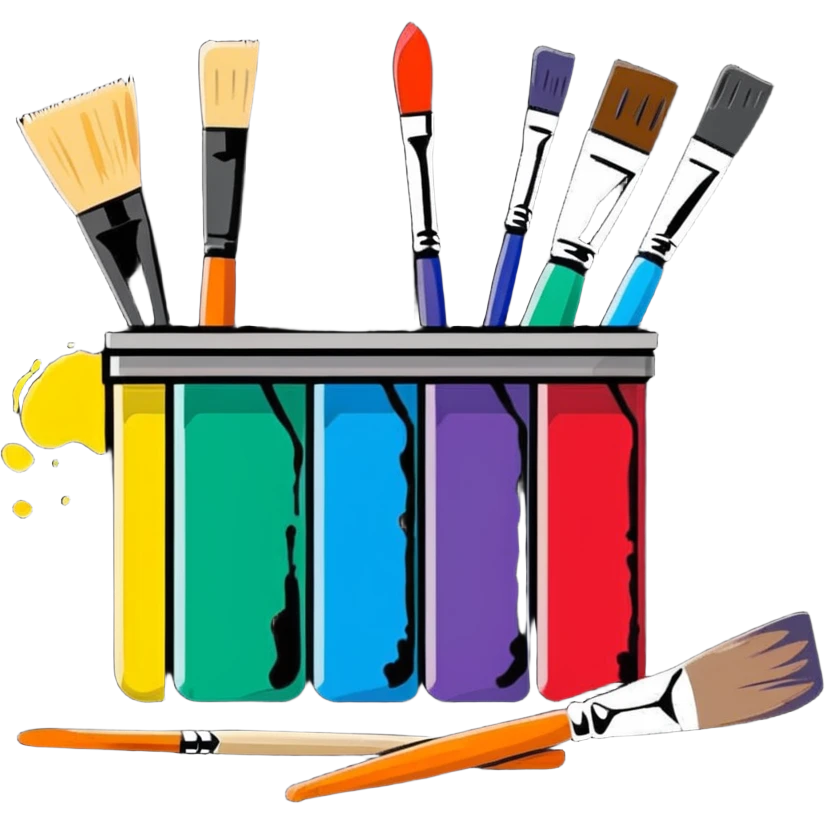 Artistic studio with paint splatters, paintbrushes, and creative tools emoji