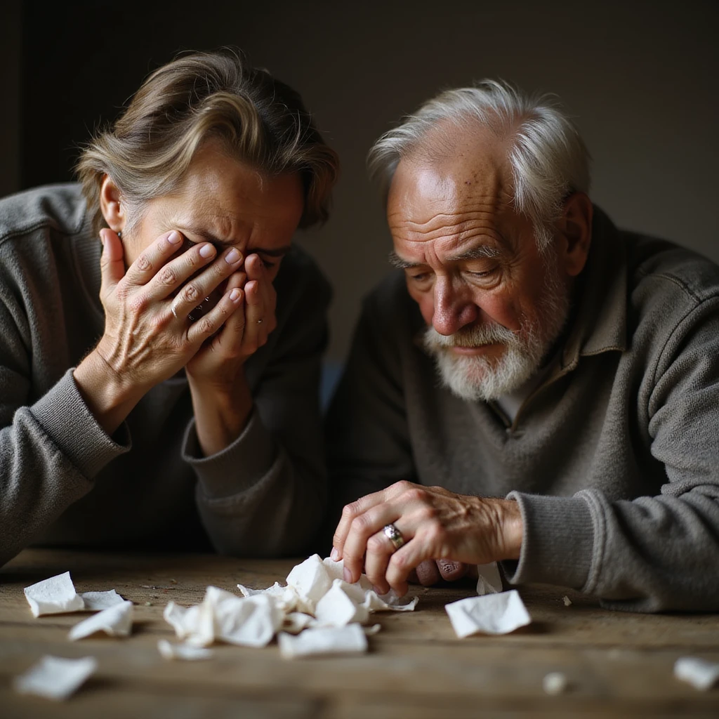 person tearing up an old couple photo, trembling hands, tears in eyes, wooden table with scattered tissues, warm soft lighting, hyperrealistic 4K details emoji