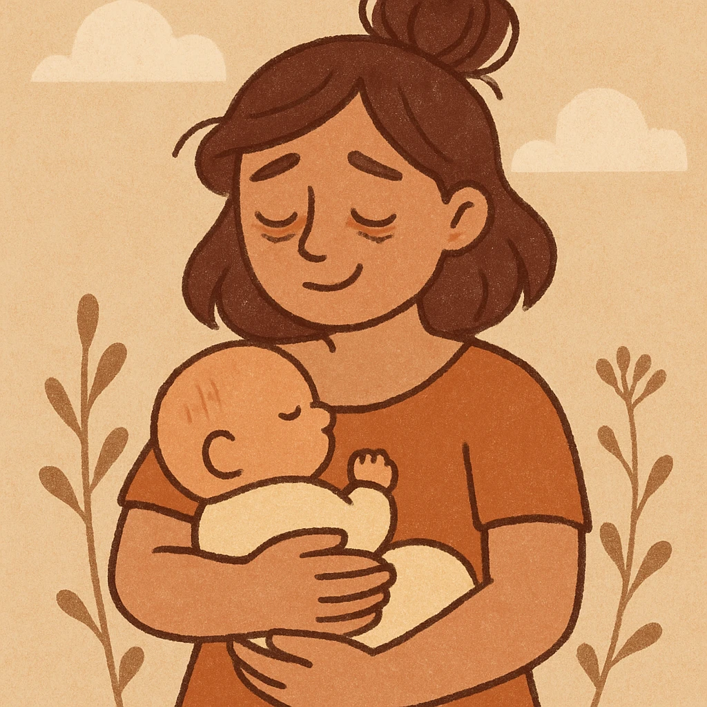young postpartum mother holding a baby in her arms, dark circles under eyes, tender smile, warm cartoon style emoji