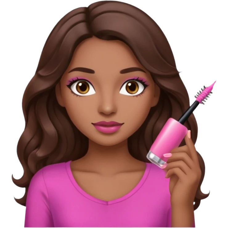 gorgeous woman, light brown skin, dark brown eyes, long wavy brown hair, pink top, clear lipgloss, mascara  emoji
