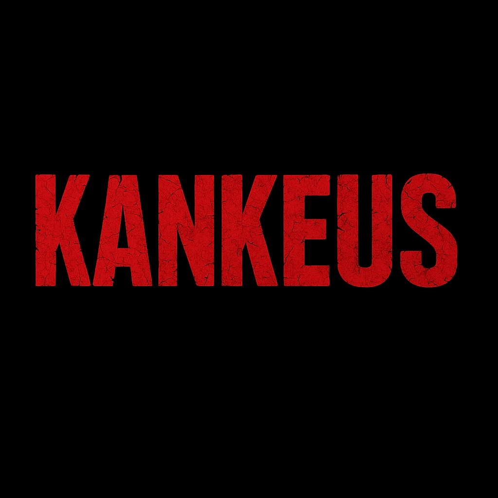 Change the KankeuS logo text color to red instead of white, keeping the DayZ-style, bold, cracked, survival horror vibe, on black background. Maintain the cracked, bold, survival horror vibe with red text on black background. emoji