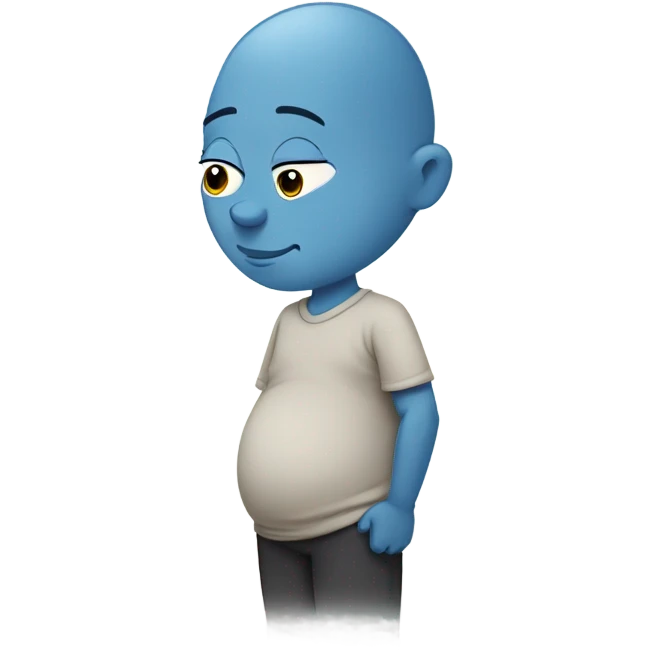 a blue skinned man with a stoic expression , pregnant, rubbing his belly. Bald. Side profile like the pregnant male emojji, cartoonishly simple face. emoji