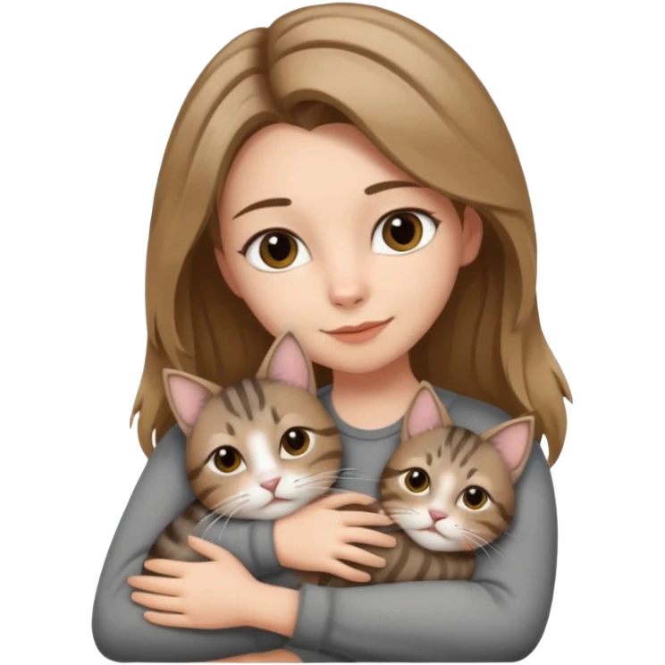 Une femme avec les cheveux dégradée, brun et blond, qui fait un câlin à son chat gris, tigré avec les extrémités que pattes pointe d’oreilles noires et le dessous du menton blanc emoji