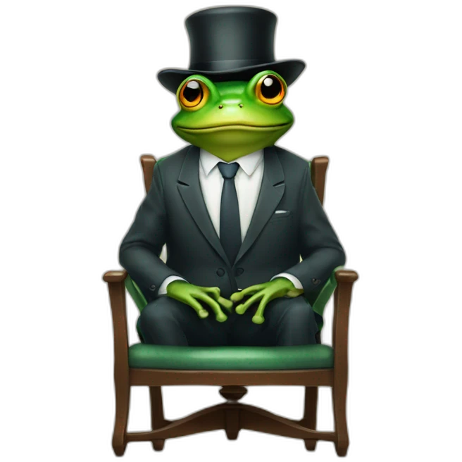 a frog wearing a suit and hat sitting on a chair looking straight emoji
