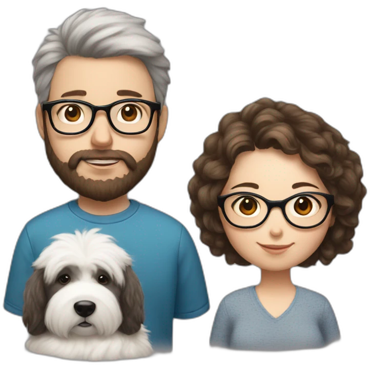 Hyperrealist pregnant girl with half long brown hair with glasses, a boy with long beard, glasses and short hair and english sheepdog emoji