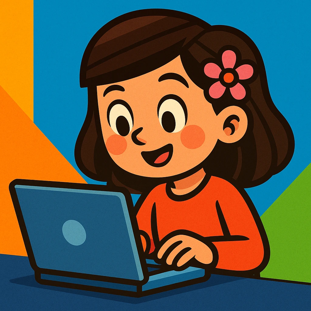 a girl with brunette hair and a pink flower clip in her hair working on a laptop, vibrant cartoon style emoji