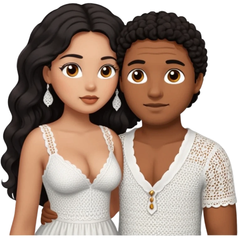 Curvy woman with brown skin with long wavy black hair, brown eyes. She's wearing a white crotchet dress looking into the eyes of her fiance emoji