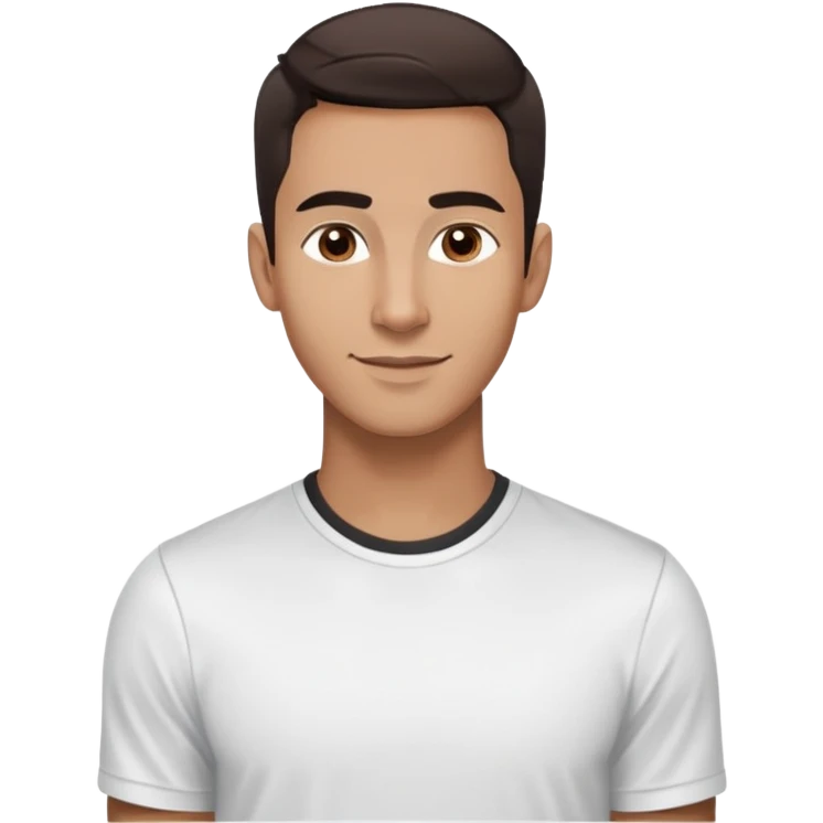 Energetic dancer-like man in his late 20s with light brown complexion, elongated face, fine jawline, high cheekbones, intense brown eyes, medium eyebrows, straight narrow nose, expressive friendly smile, short dark hair styled fresh and modern, vibrant pose, wearing a white fitted athletic shirt emoji
