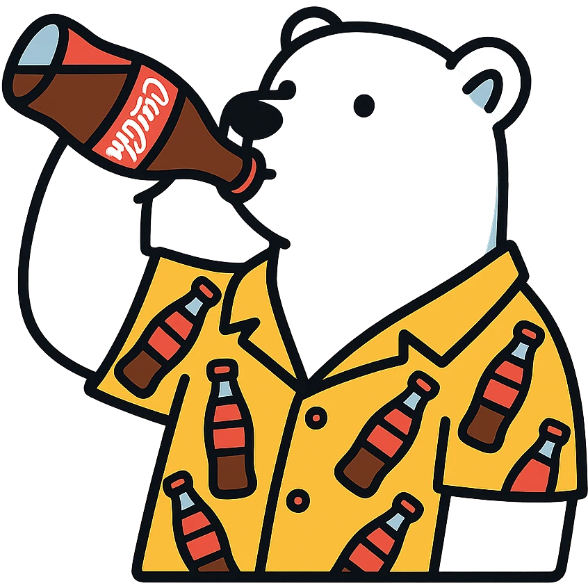 polar bear wearing a Hawaiian shirt with Coke bottles printed on it, drinking a bottle of Coca-Cola emoji