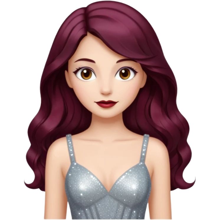 young glamorous woman 
Long waist-long hair
middle part
slightly wavy
dark burgundy hair 
 emoji