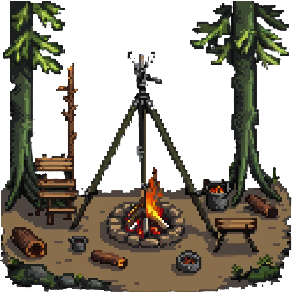 bushcraft wilderness campfire with tripod cooking setup and log seats emoji