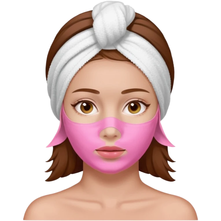 A woman with brown hair, a white towel wrapped around her head. Her face is covered with a pink skincare mask applied to the T-zone and cheeks emoji