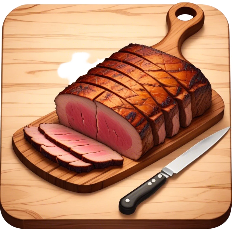 Cinematic smoked brisket, deep mahogany crust, perfectly sliced to reveal juicy marbled meat, warm smoky aroma, served on a wooden board, rich and flavorful, ultra-detailed and appetizing. emoji