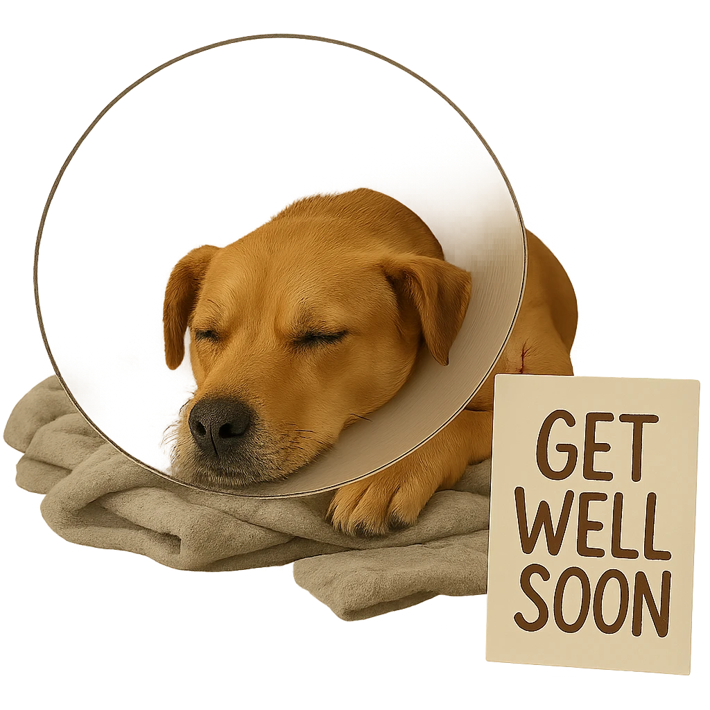 Add a 'get well soon' sign next to the dog. Keep the background transparent. emoji