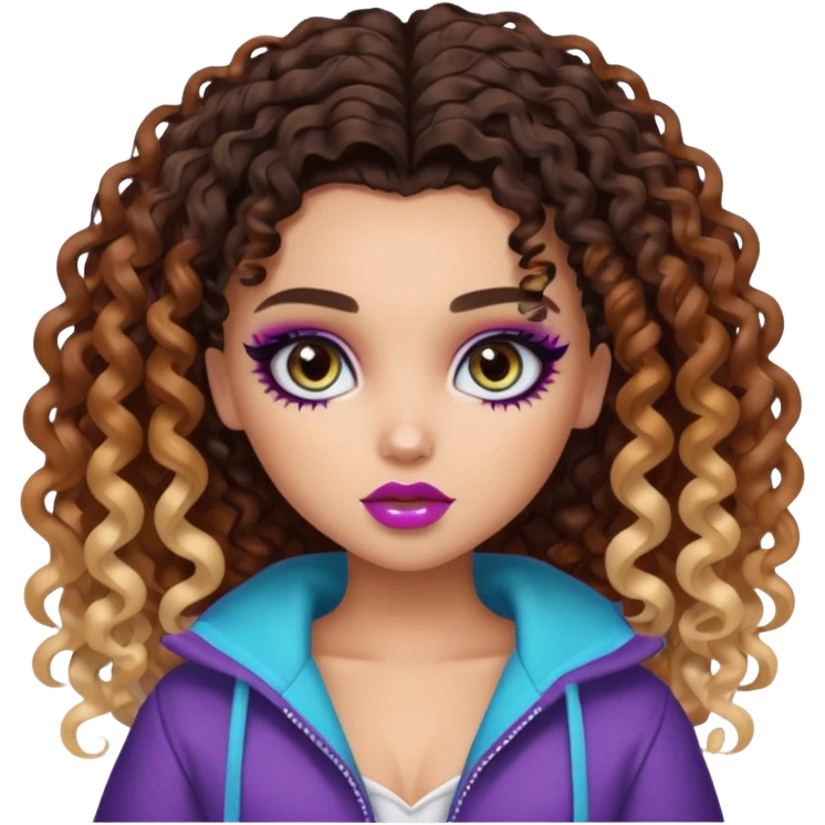 curly split dye light and dark hair, pretty eyes, pretty makeup, pretty bratz baddie emoji
