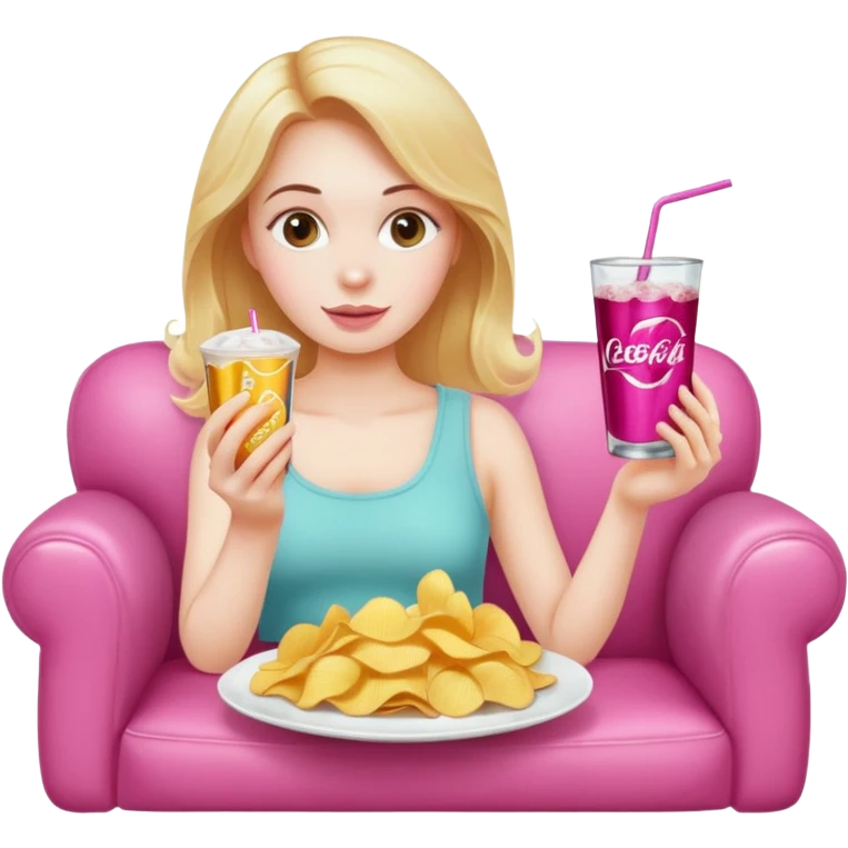 home white girl with plate of chips and soda drink, sitting at the pink sofa emoji