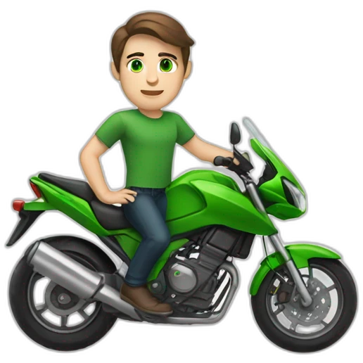 white skin men with brunette hair and green eyes in a green motorbike emoji