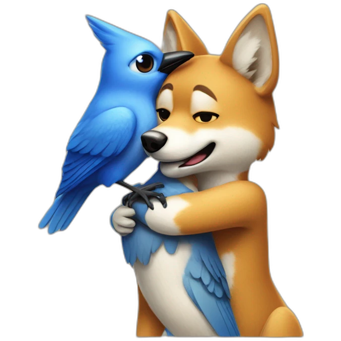 Anthropomorphic dingo giving an anthropomorphic blue bird a hug emoji