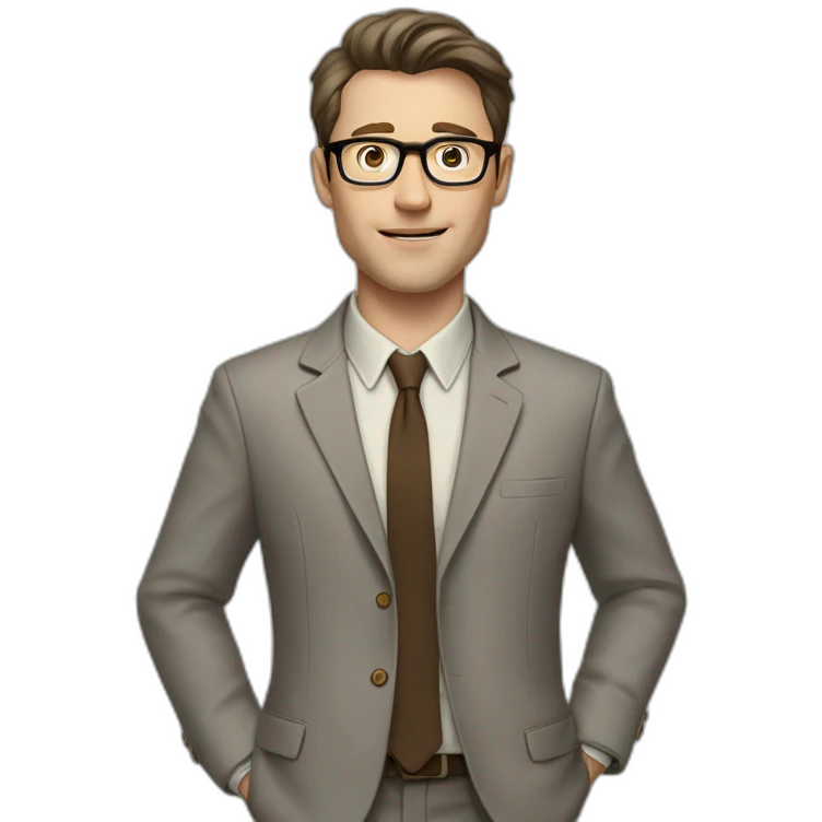 Full height Actively Gesturing Pale skinned fit man with dark brown hair in gray jacket, beige office shirt, brown tie, brown pants and vintage glasses. emoji