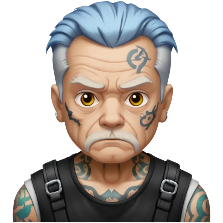 Cyberpunk old man, tattooed, digital hair, grumpy expression emoji