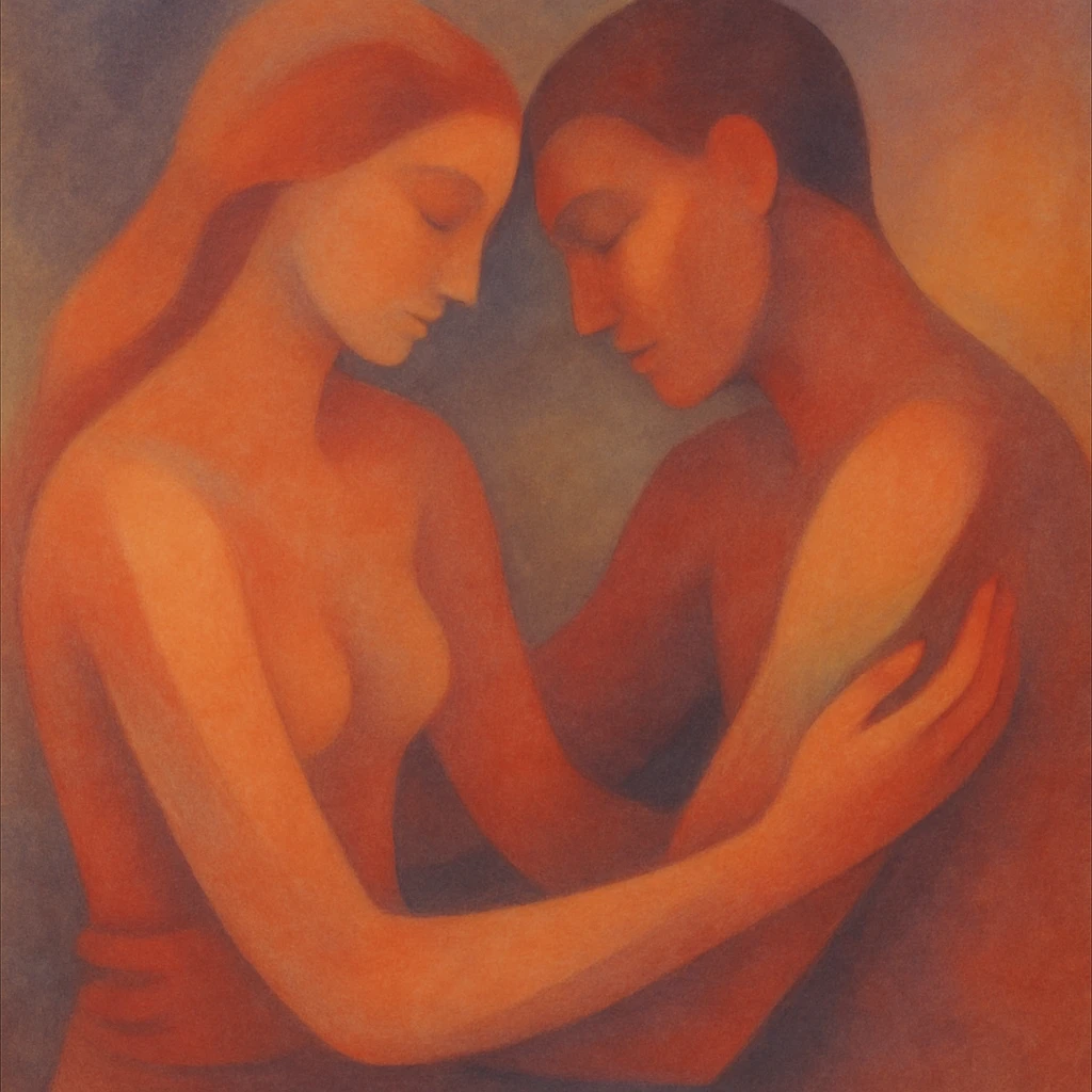 abstract sensual art with soft lighting, focusing on the connection between two figures emoji