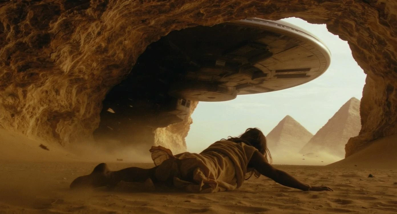 cinematic still, documentary photography, acient egypt, back shot of a man dress in ancient clothes in cave (frame in frame effect) on ground laying front of ufo starship, sand flying around, dynamic scane, leading lines, captured by arri alexa, depth layers, piramids in babckground emoji