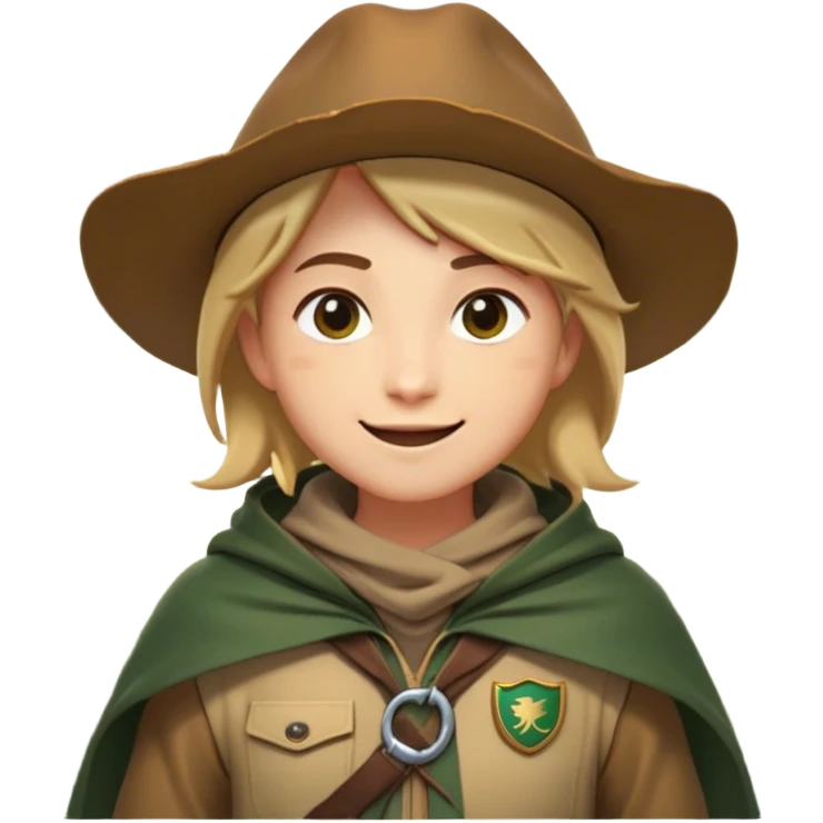 Clash of Clans aesthetic Playful Ranger Portrait Emoji, Head tilted with a friendly, mischievous smile and bright, curious eyes, featuring a compact, nimble build outfitted in rugged, earthy gear and a stylish cloak, his natural skin tone adding authenticity, Simplified yet irresistibly charming features, highly detailed, glowing with a warm, inviting forest glow, high shine, spirited and lively, stylized with an air of whimsical woodland adventure, soft glowing outline, capturing the essence of a playful ranger exuding friendly natural charm! emoji