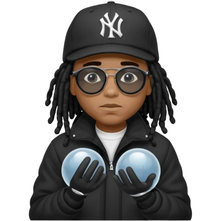 African American man with shoulder length black dreadlocks wearing black sunglasses with black bubble winter coat wearing a New York Yankees baseball hat with hands thinking on face emoji
